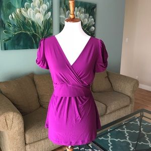 Purple top with knitted sleeves and tie back